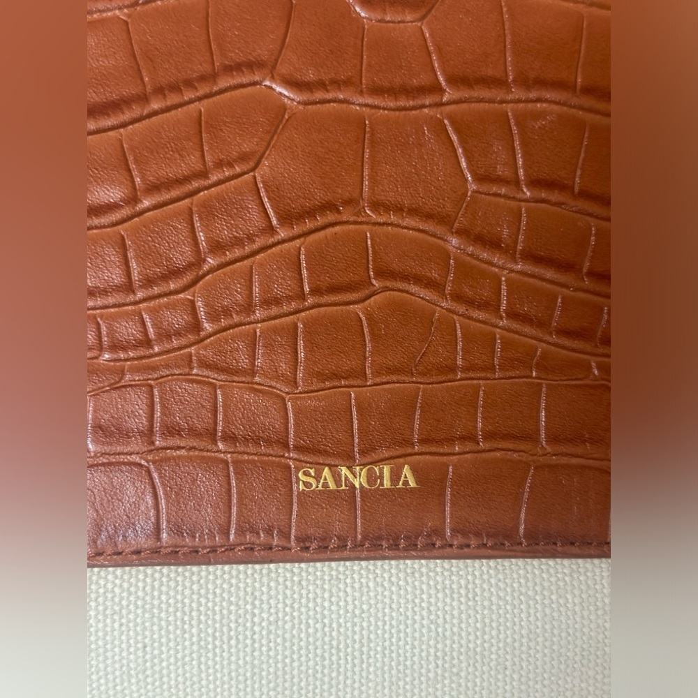 Sancia Minka Canvas and Croc Embossed Cowhide Leather Tote Bag In Cognac/White - Picture 5 of 16